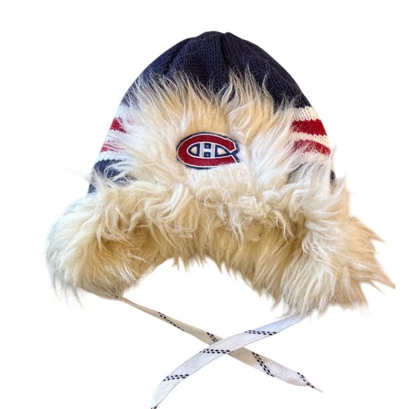 Reebok Montreal Canadiens Hat Toque Fur Trooper Hat Logo Face Off Skate Laces - Picture 1 of 14